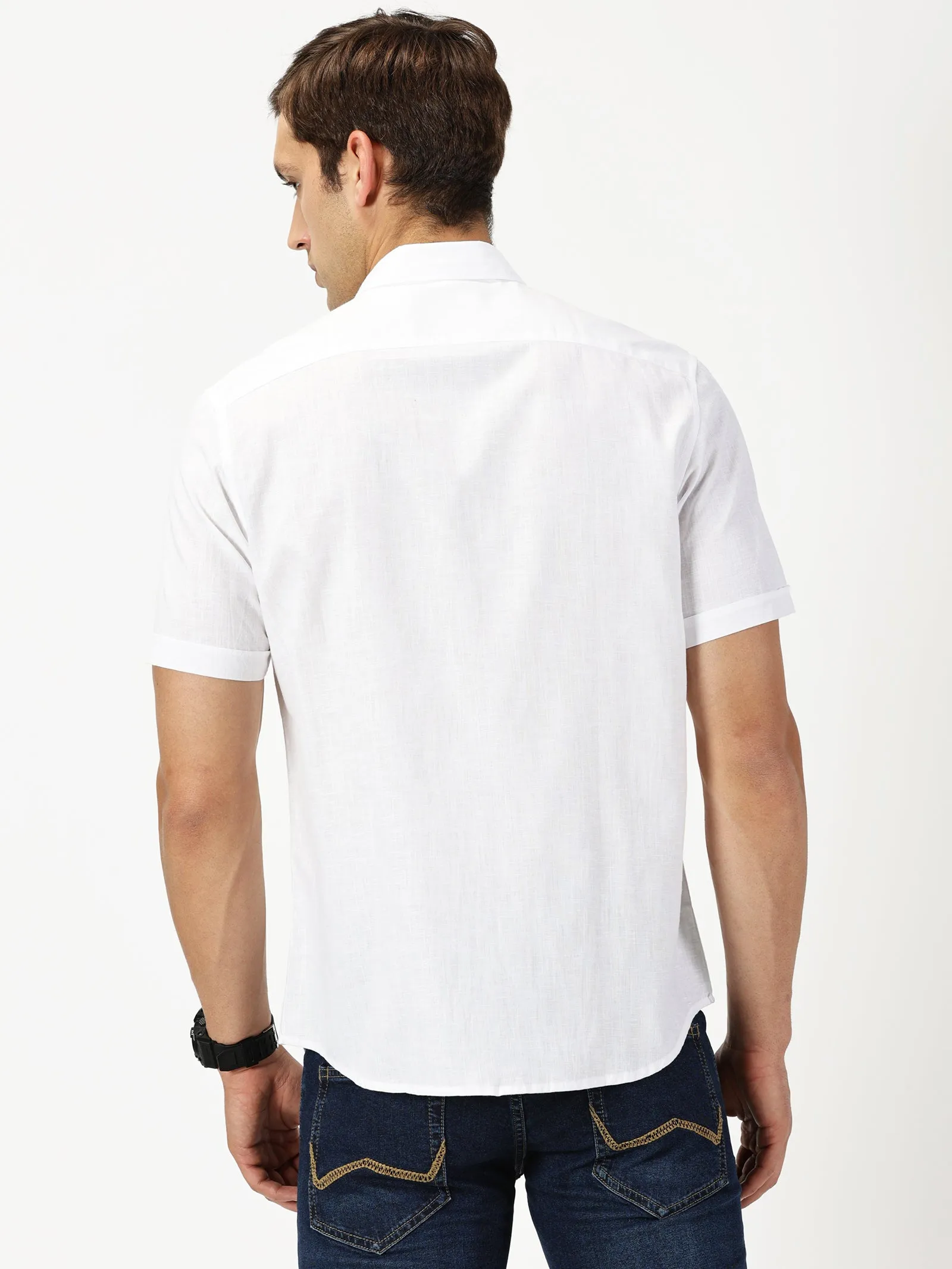 MEN'S WHITE SOLID COTTON LINEN SLIM FIT SHIRT