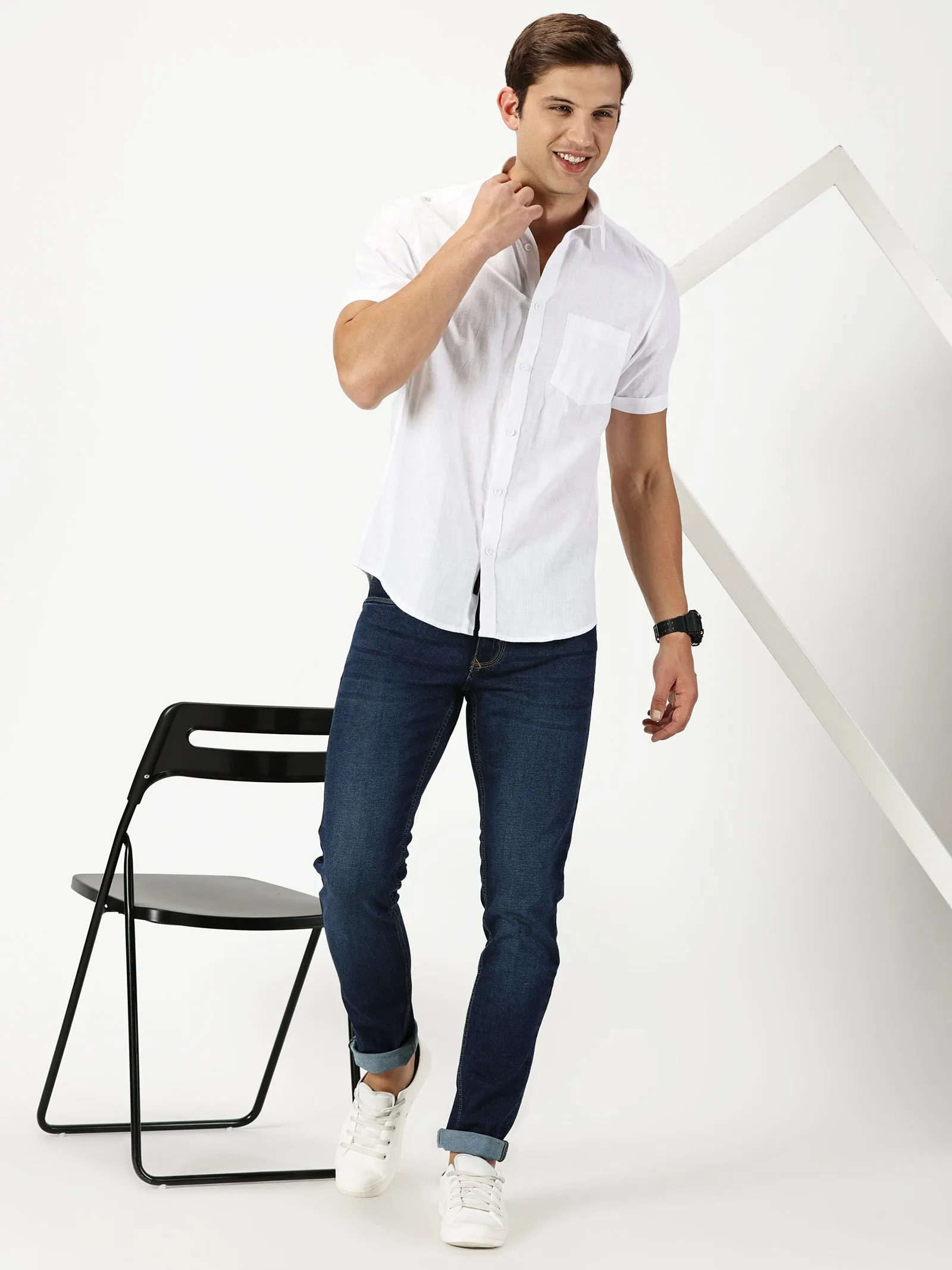 MEN'S WHITE SOLID COTTON LINEN SLIM FIT SHIRT