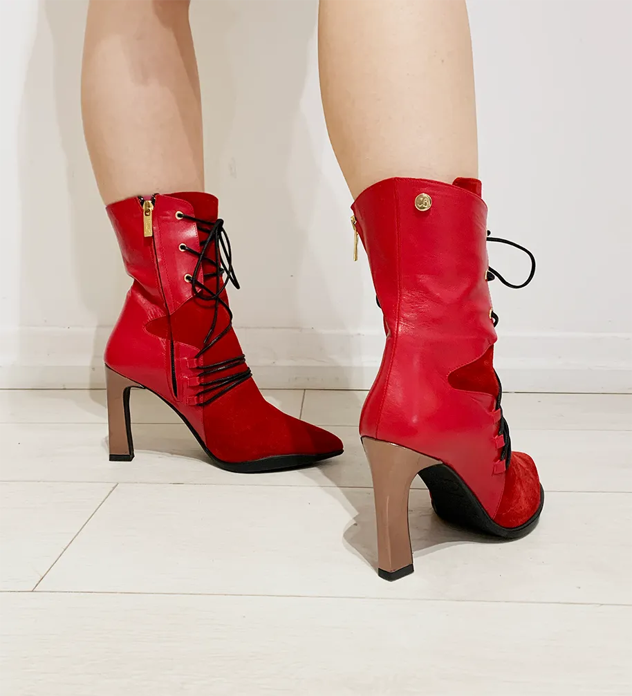 Mina - Red/black ankle heel boot