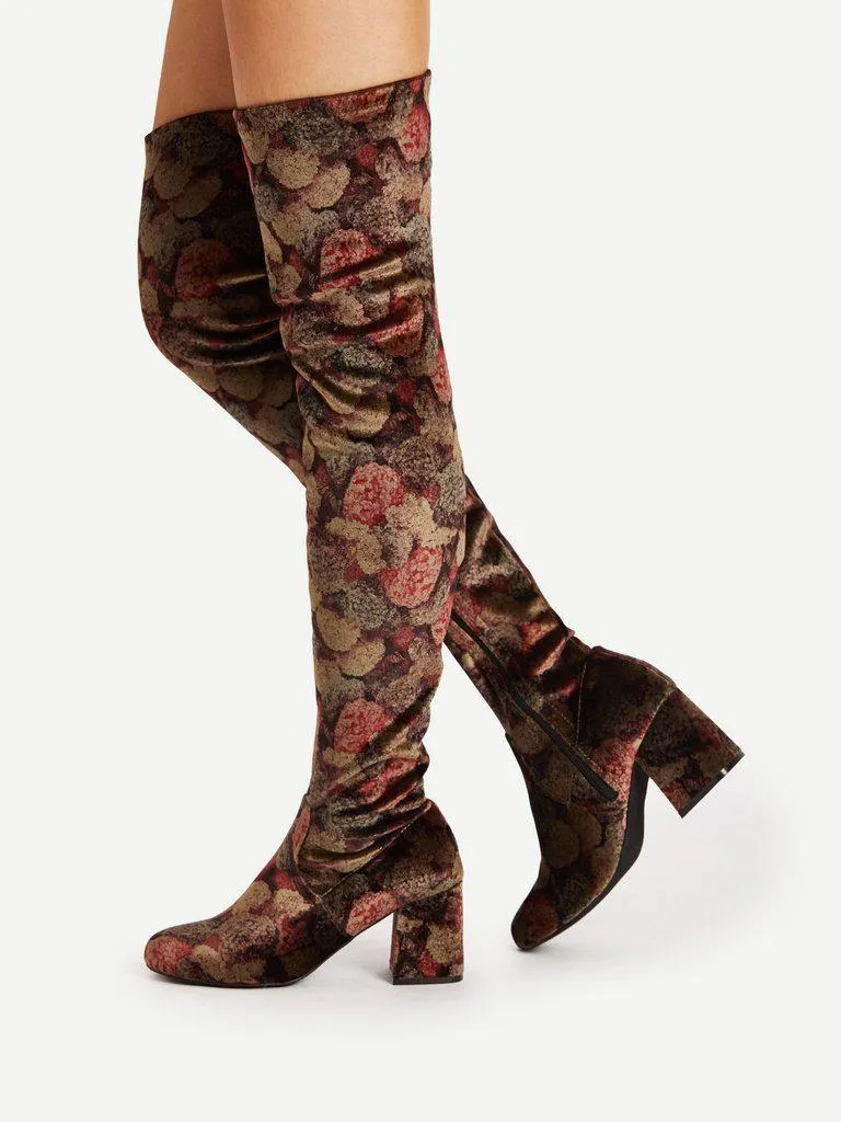 Mix Pattern Over Knee Block Heeled Boots