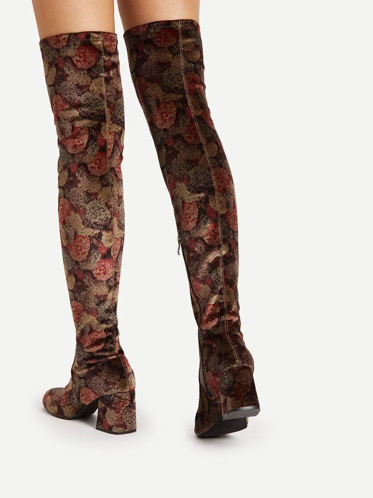 Mix Pattern Over Knee Block Heeled Boots