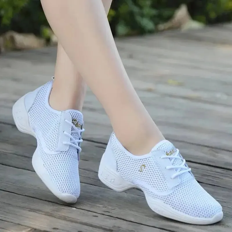 Modern Jazz Dance Sneakers Women Breathable Mesh Lace Up Practice Shoes Cushioning Lightweight Fitness Trainers