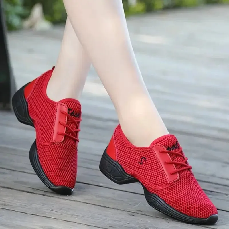 Modern Jazz Dance Sneakers Women Breathable Mesh Lace Up Practice Shoes Cushioning Lightweight Fitness Trainers