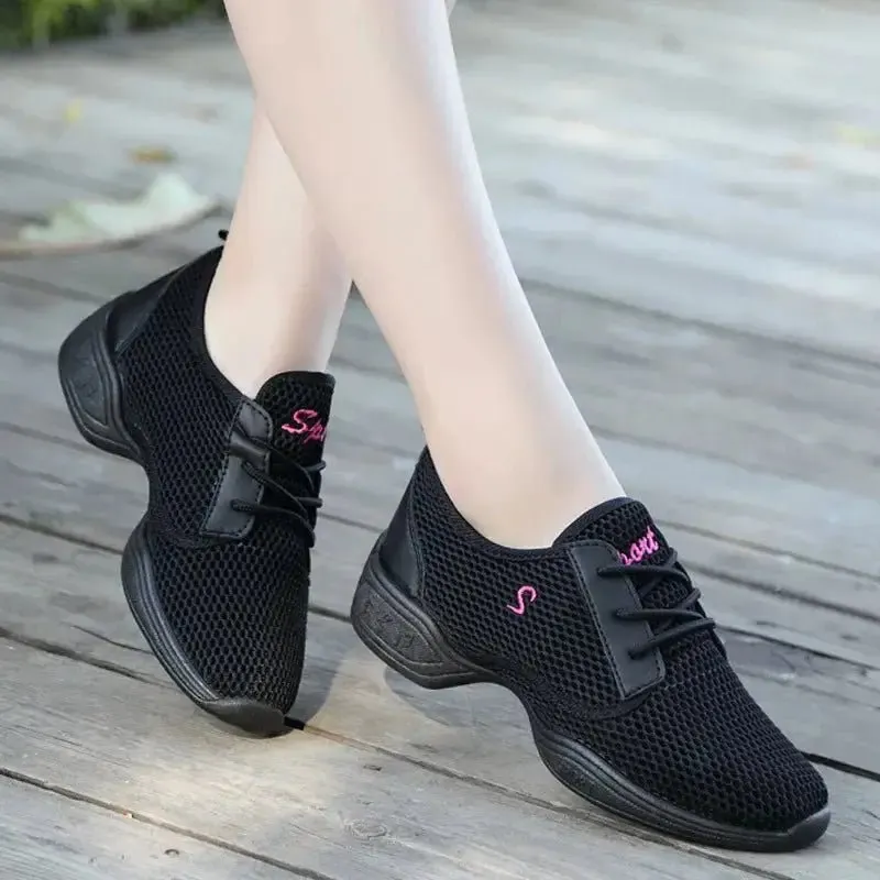 Modern Jazz Dance Sneakers Women Breathable Mesh Lace Up Practice Shoes Cushioning Lightweight Fitness Trainers