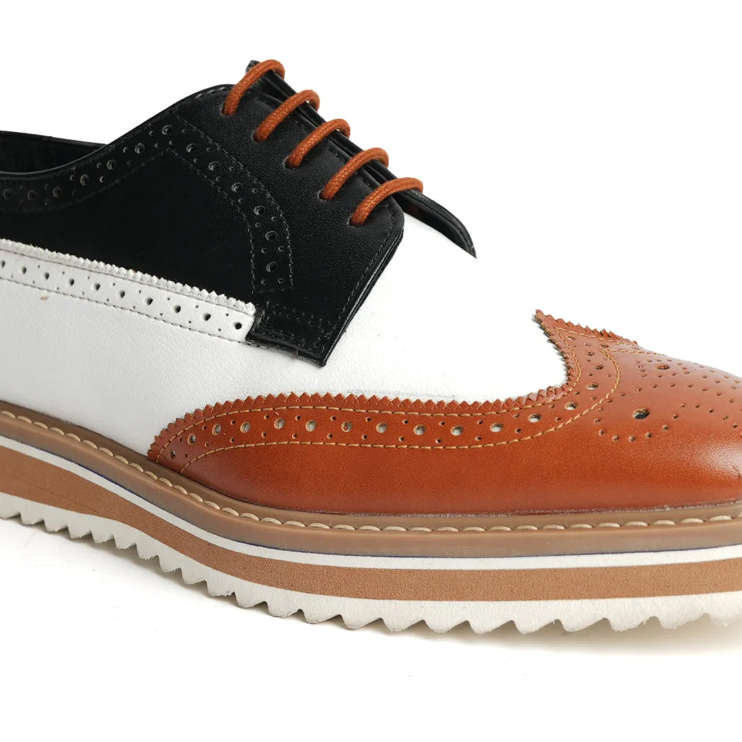 Monkstory Tricolour Brogues - Tan, Black & White