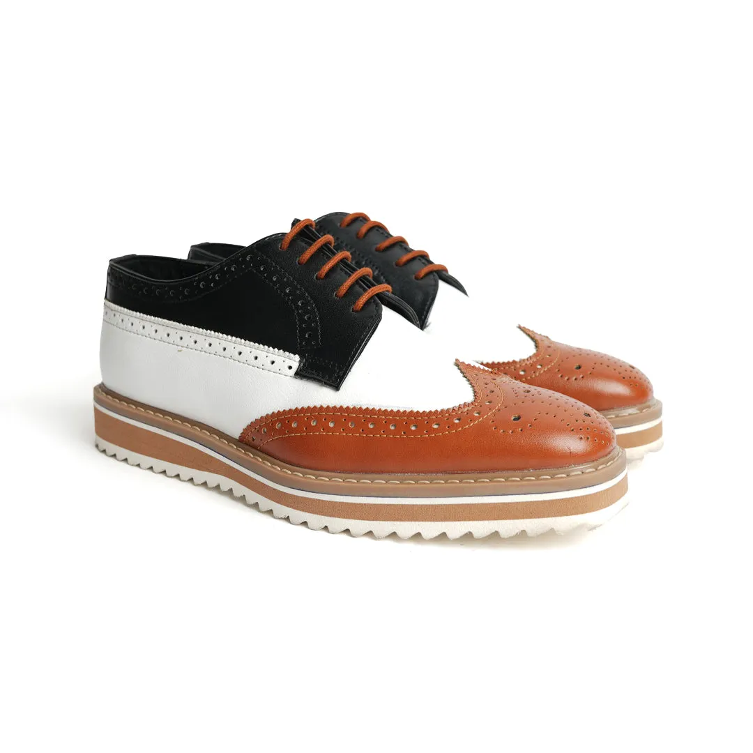 Monkstory Tricolour Brogues - Tan, Black & White