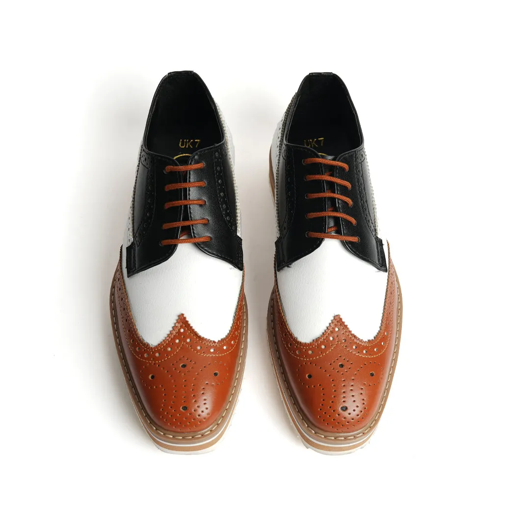 Monkstory Tricolour Brogues - Tan, Black & White