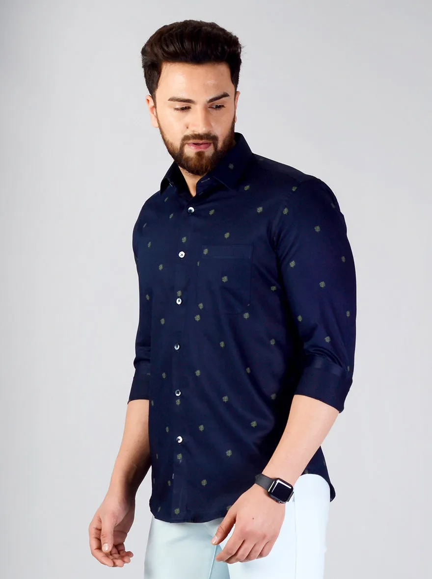 Navy Blue Printed Slim Fit Evening Wear Shirt | Metal