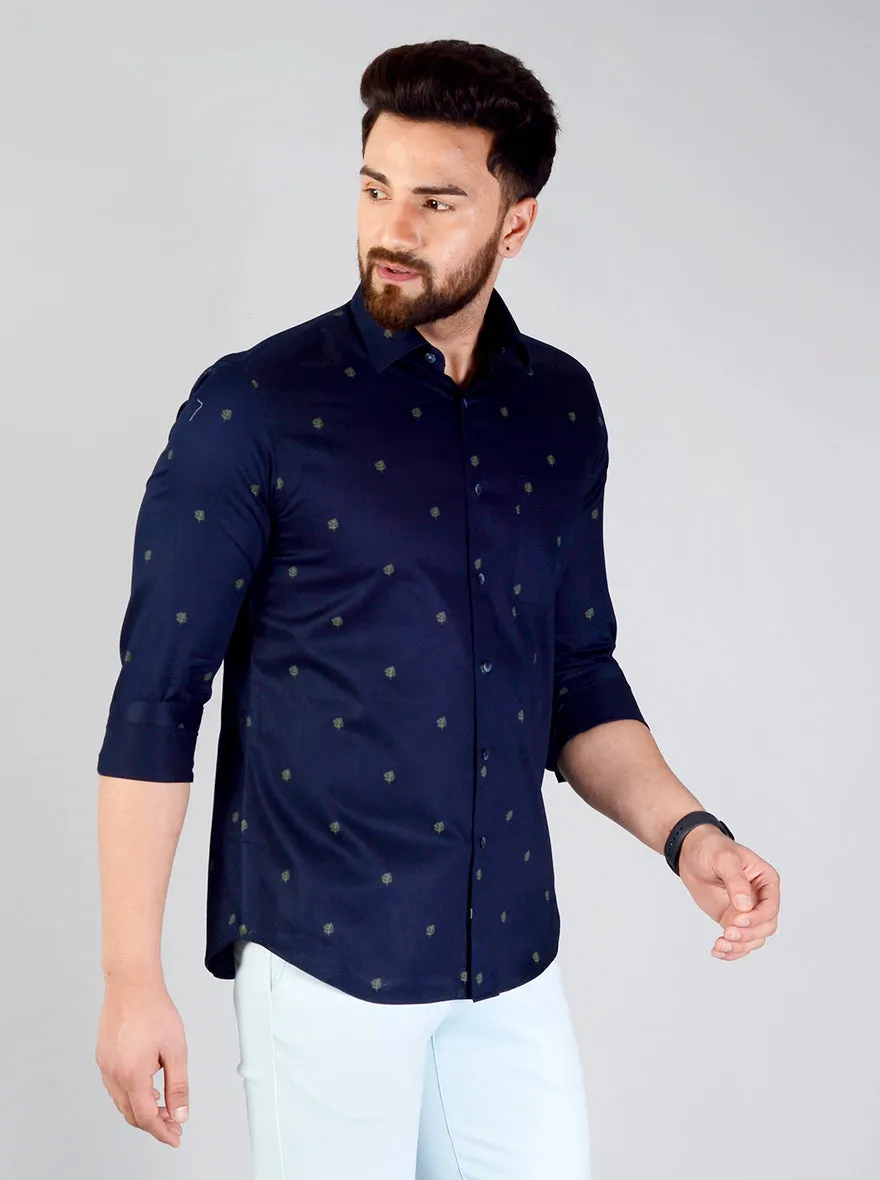 Navy Blue Printed Slim Fit Evening Wear Shirt | Metal