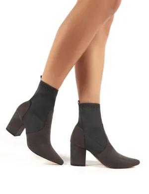 Nuala Grey Suede Block Heeled Knitted Sock Fit Ankle Boots