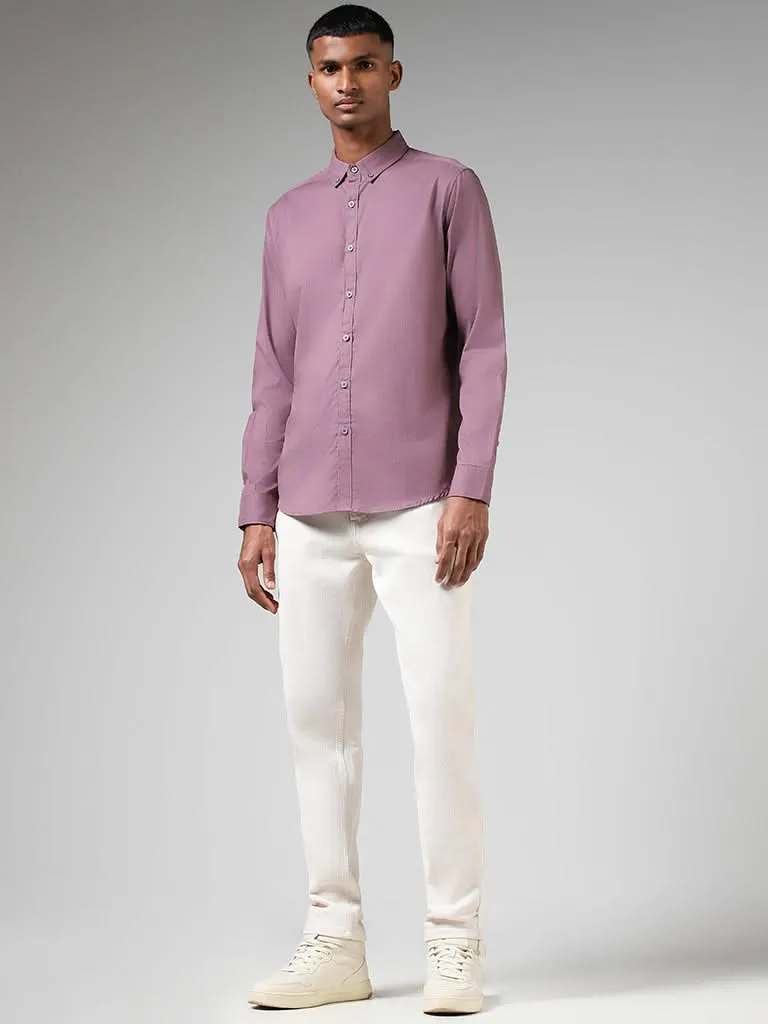 Nuon Solid Light Purple Cotton Slim-Fit Shirt