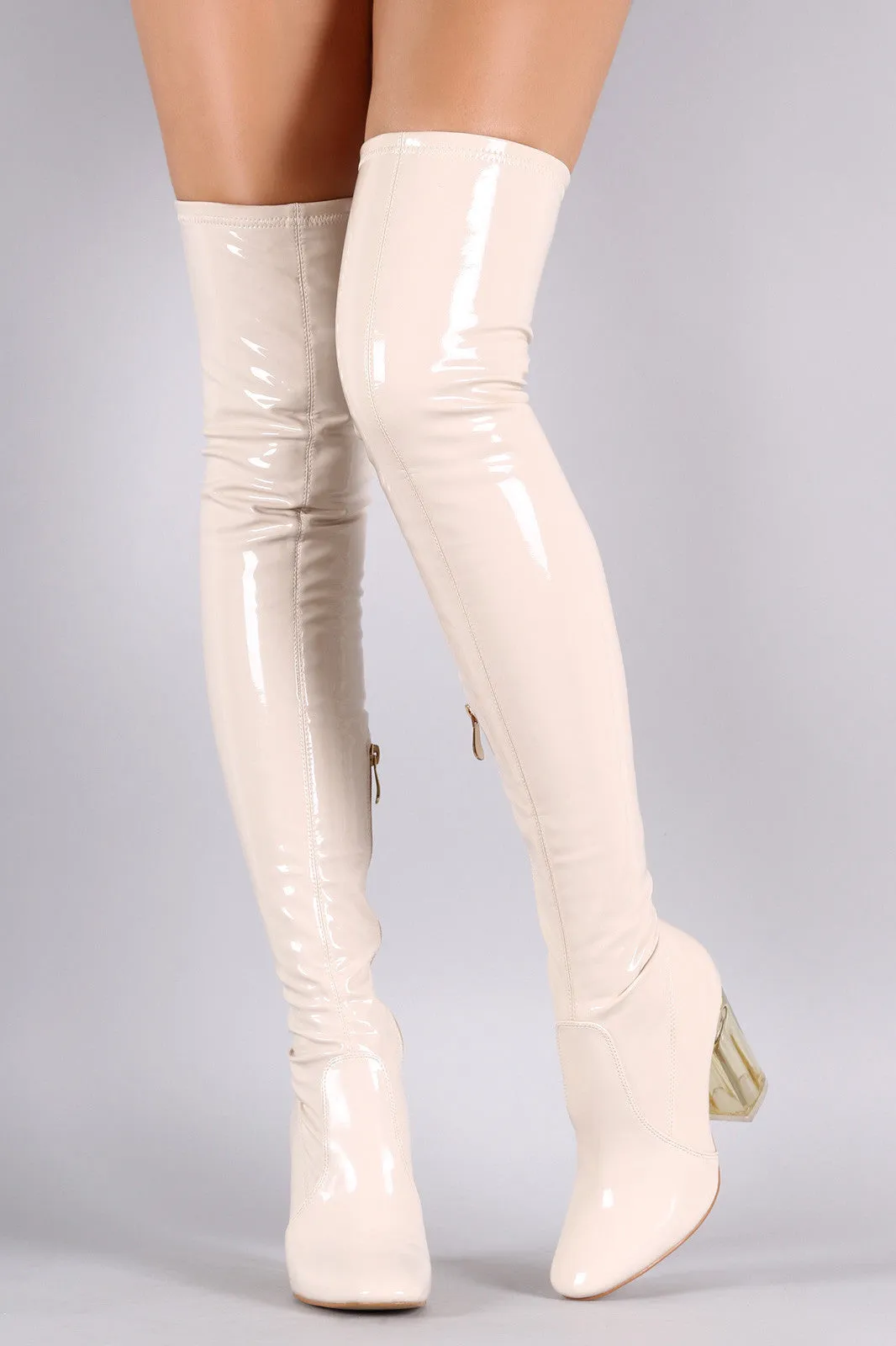 Patent Leather Chunky Lucite Heeled Over-The-Knee Boots