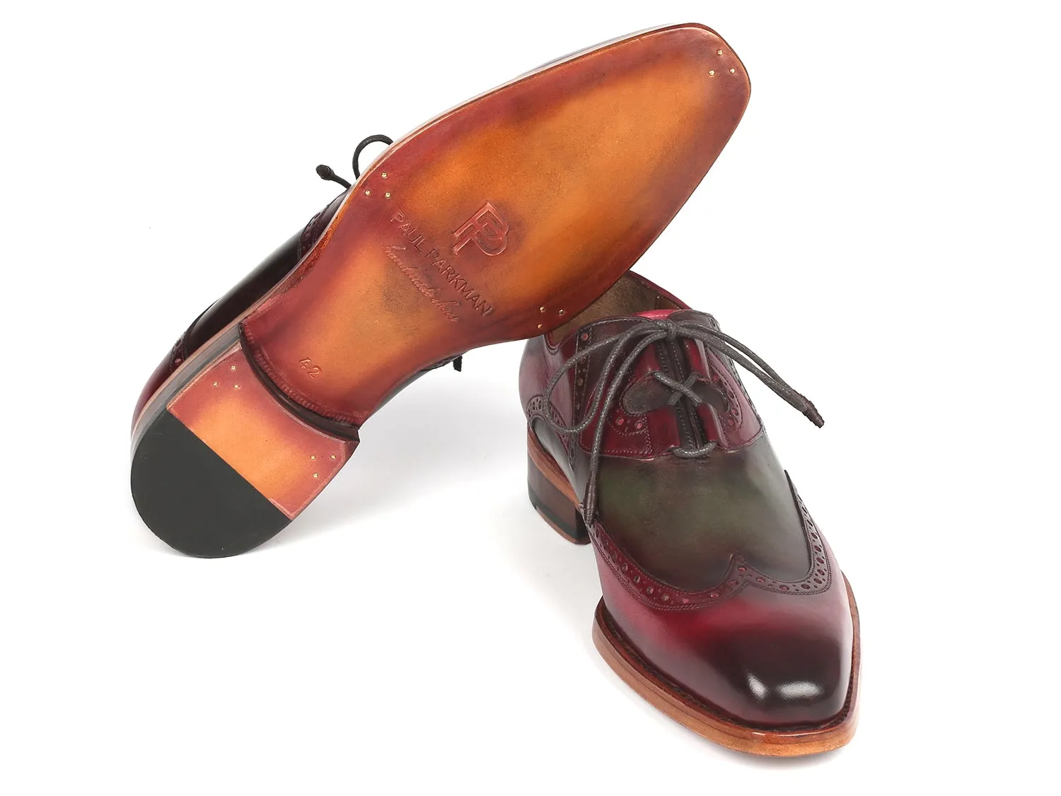 Paul Parkman Goodyear Welted Ghillie Lacing Brogues in Green & Bordeaux