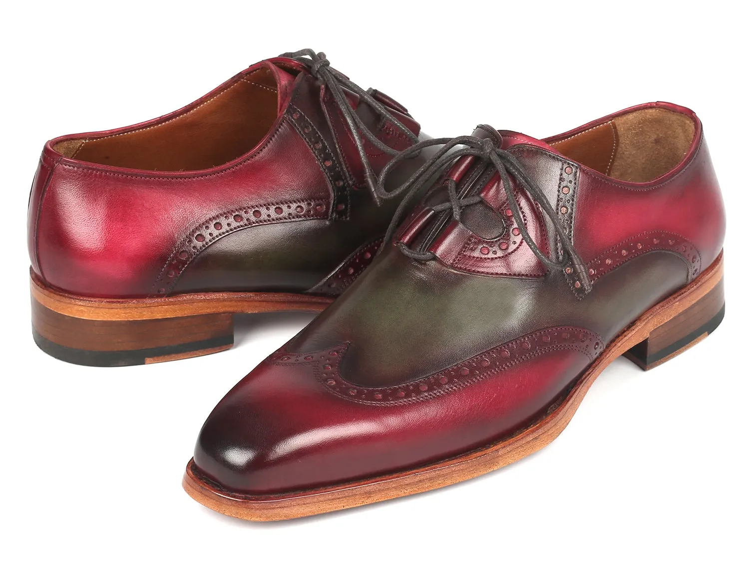 Paul Parkman Goodyear Welted Ghillie Lacing Brogues in Green & Bordeaux