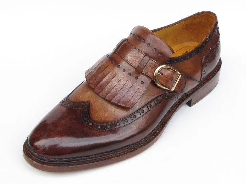 Paul Parkman Wingtip Monkstrap Brogues Brown Hand Painted Leather Upper With Double Leather Sole