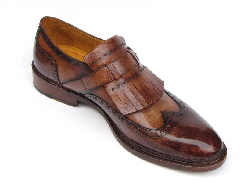 Paul Parkman Wingtip Monkstrap Brogues Brown Hand Painted Leather Upper With Double Leather Sole