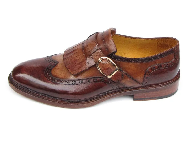 Paul Parkman Wingtip Monkstrap Brogues Brown Hand Painted Leather Upper With Double Leather Sole