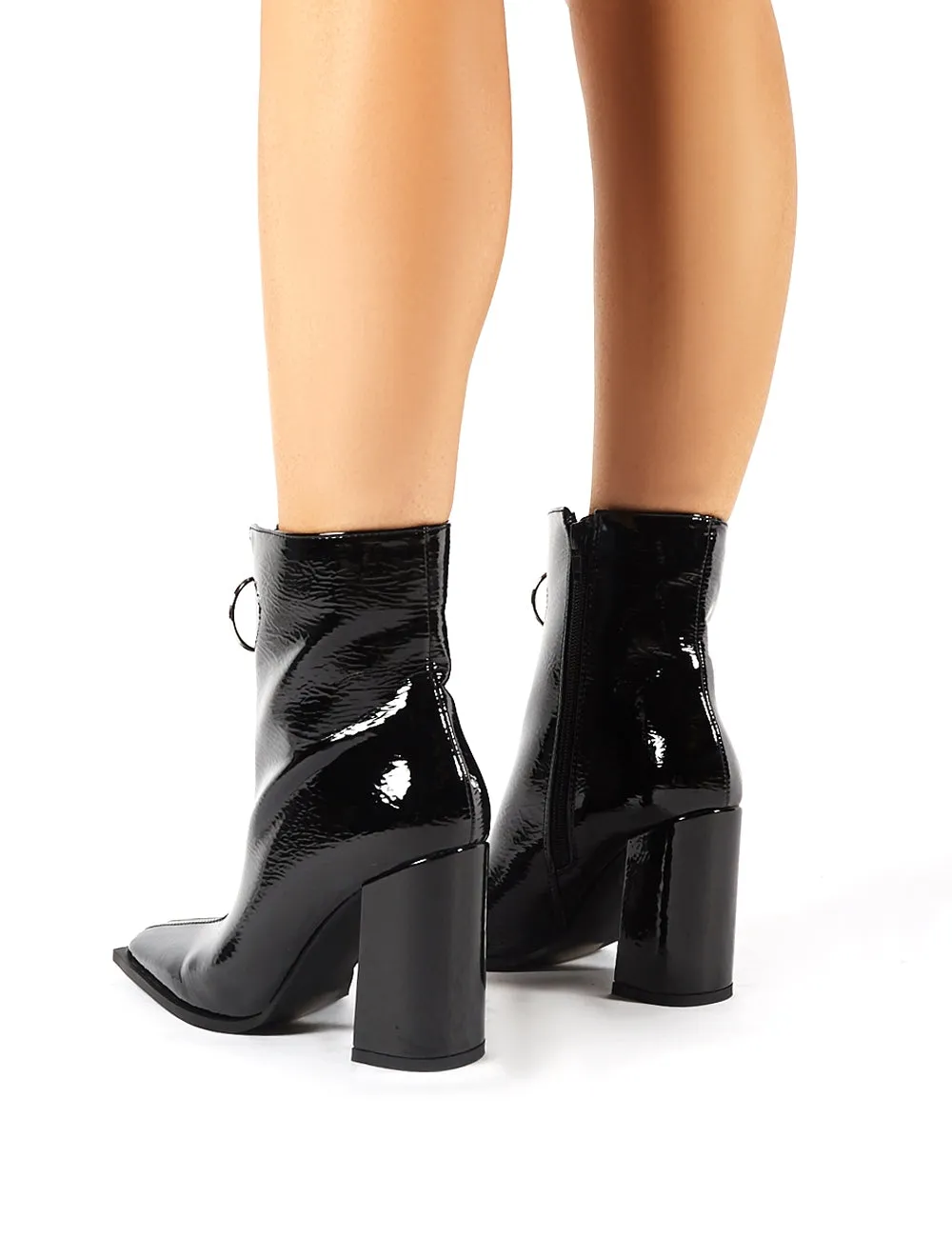 Payback Black Crinkle Patent Zip Up Block Heeled Ankle Boots