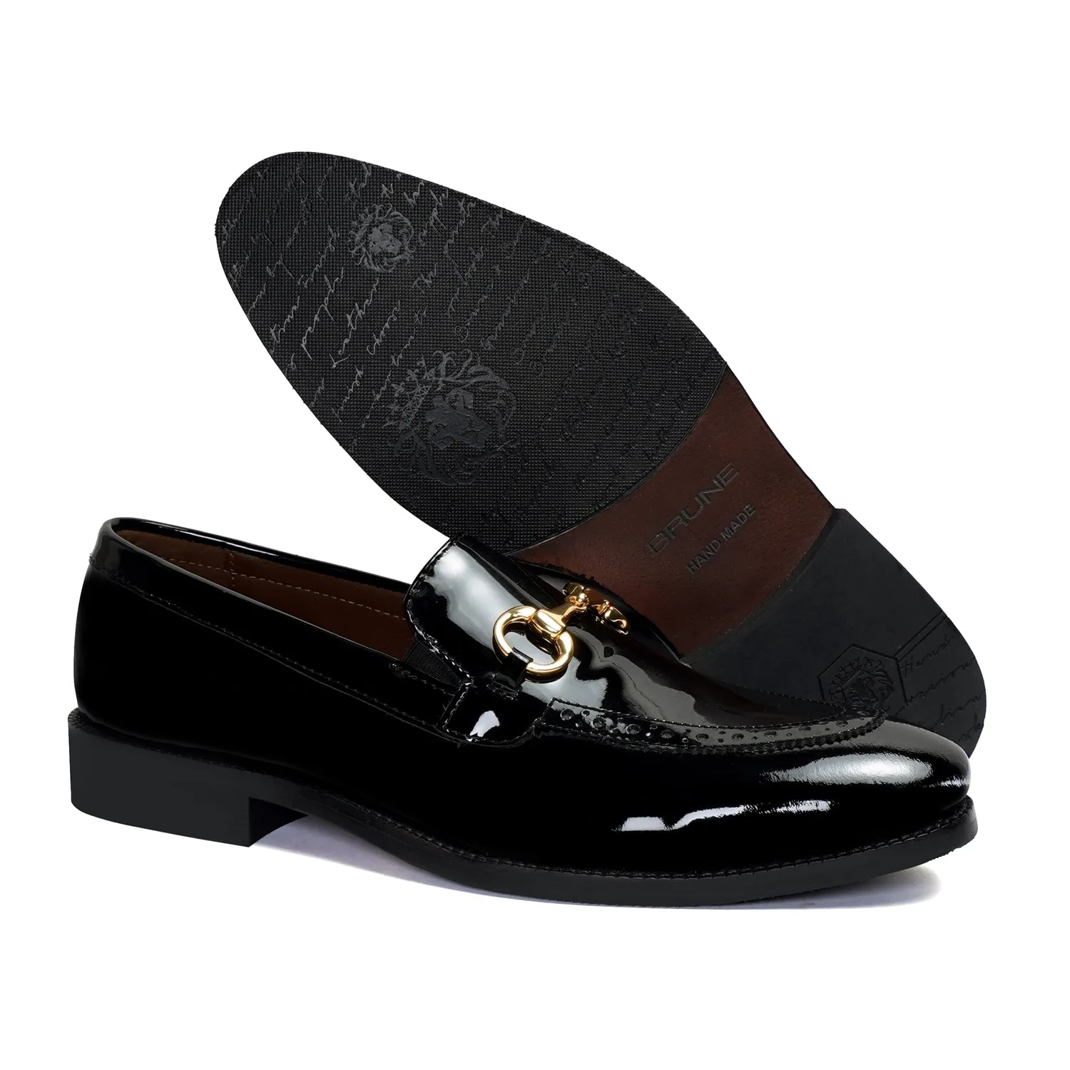 Penny Loafer with Horse Bit Buckle Detailing Black Patent Leather