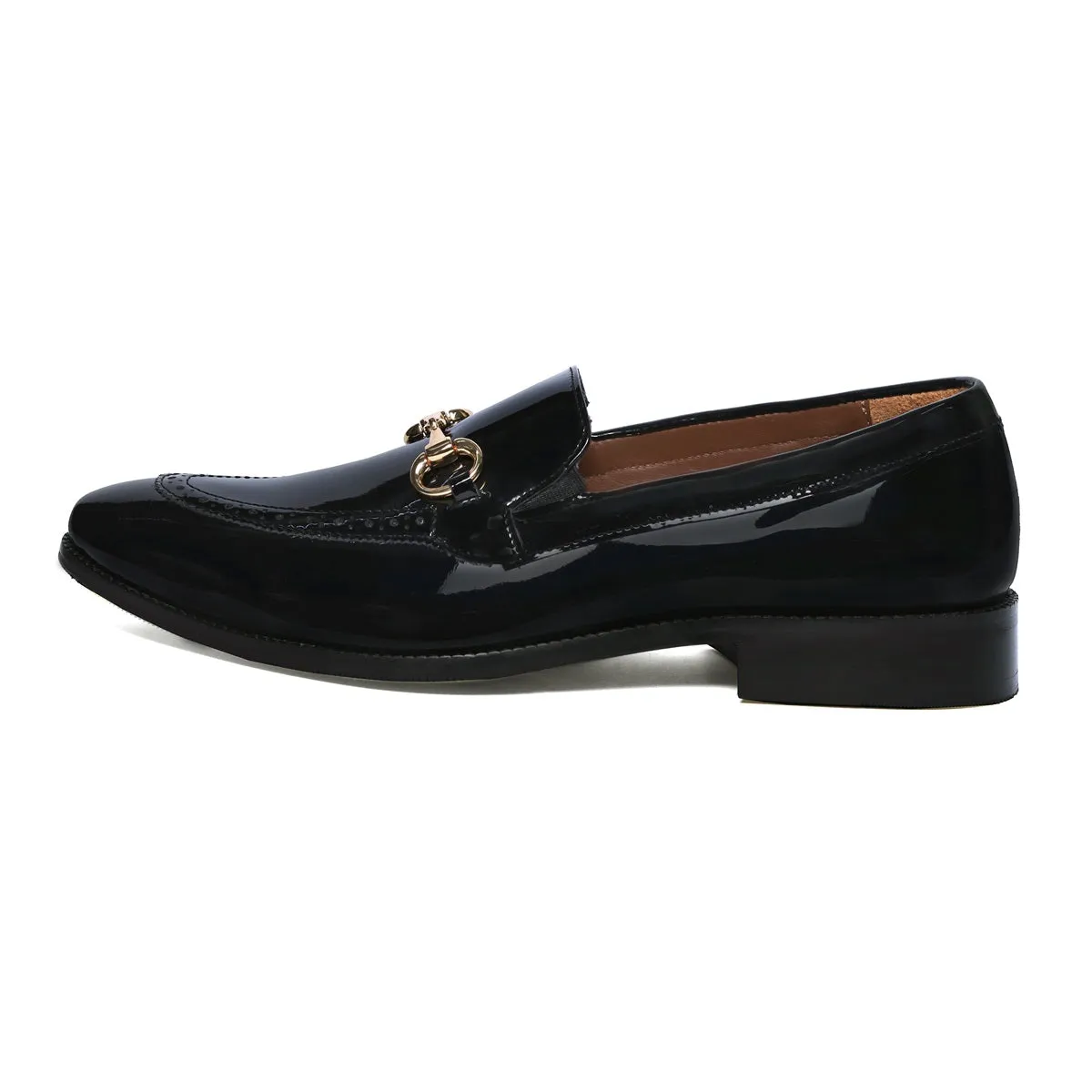 Penny Loafer with Horse Bit Buckle Detailing Black Patent Leather