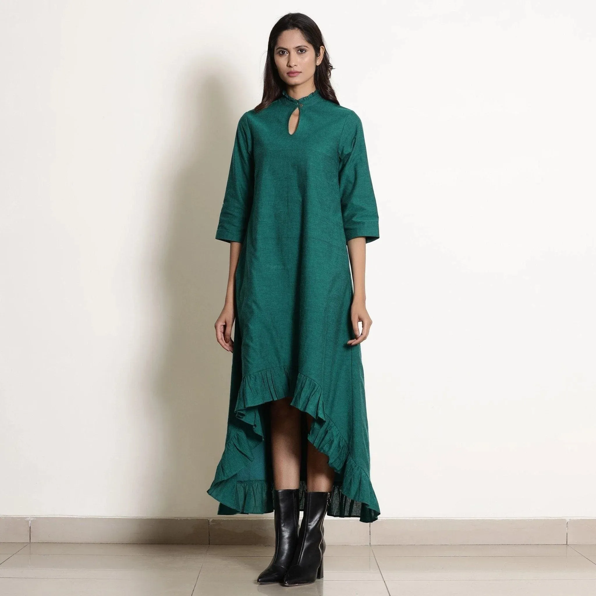 Pine Green Warm Cotton Frilled Neck Ankle Length Dress