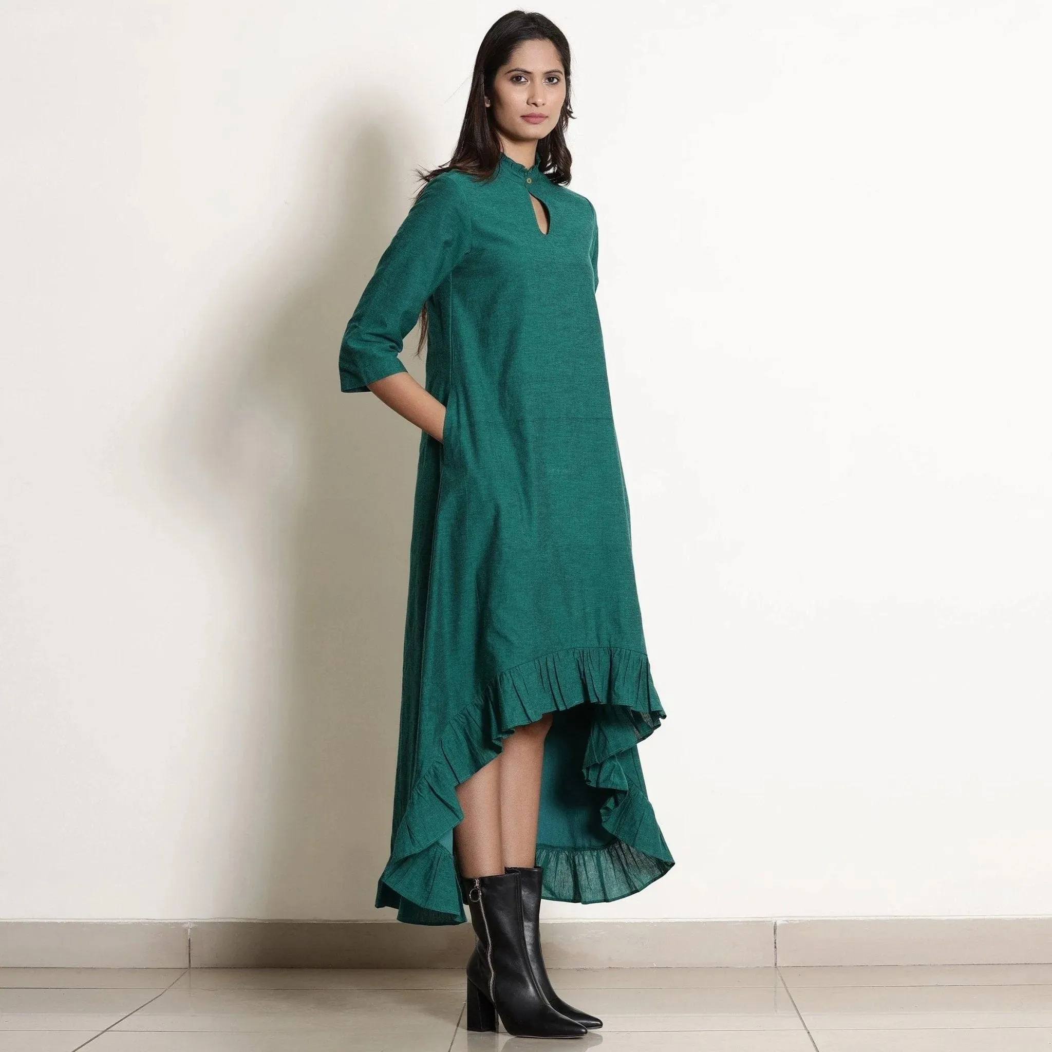 Pine Green Warm Cotton Frilled Neck Ankle Length Dress