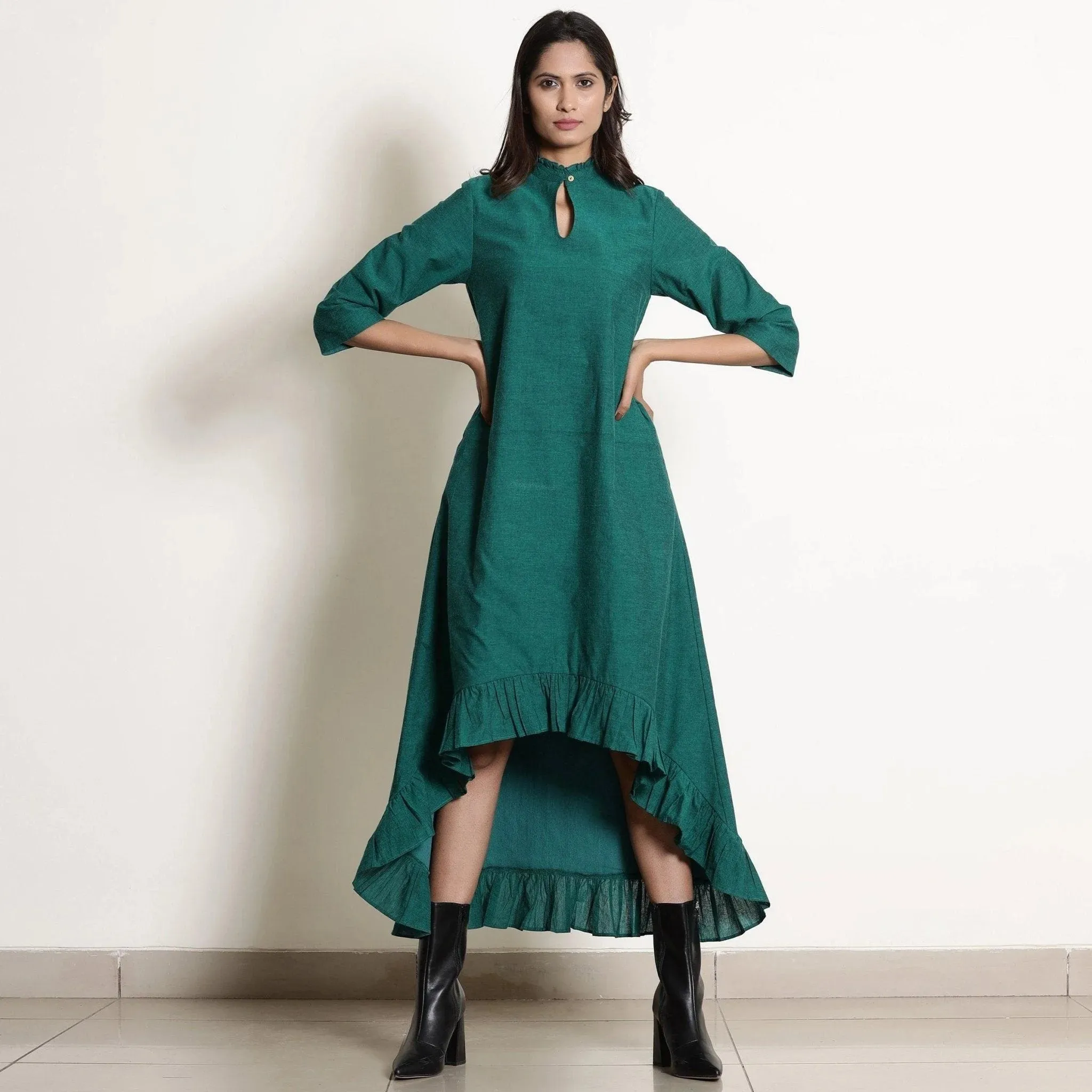 Pine Green Warm Cotton Frilled Neck Ankle Length Dress