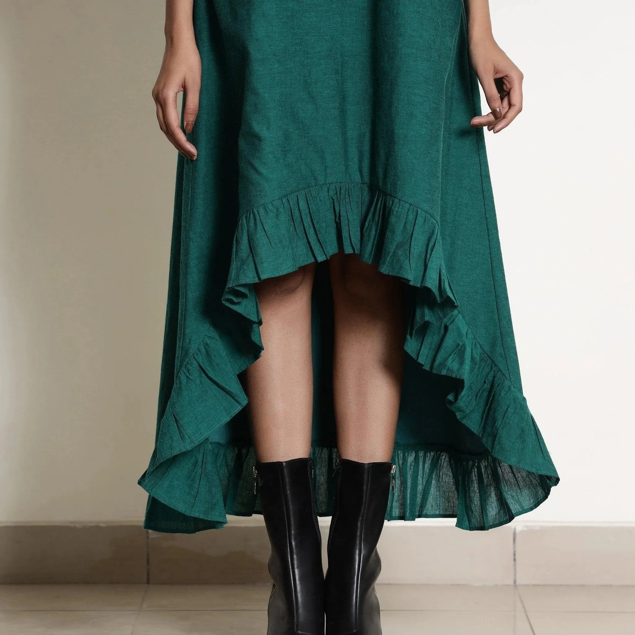 Pine Green Warm Cotton Frilled Neck Ankle Length Dress