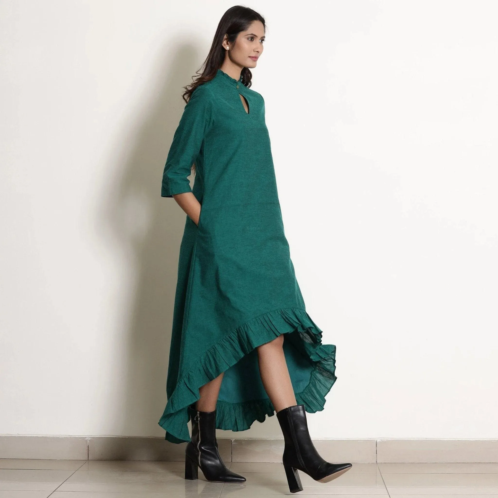 Pine Green Warm Cotton Frilled Neck Ankle Length Dress