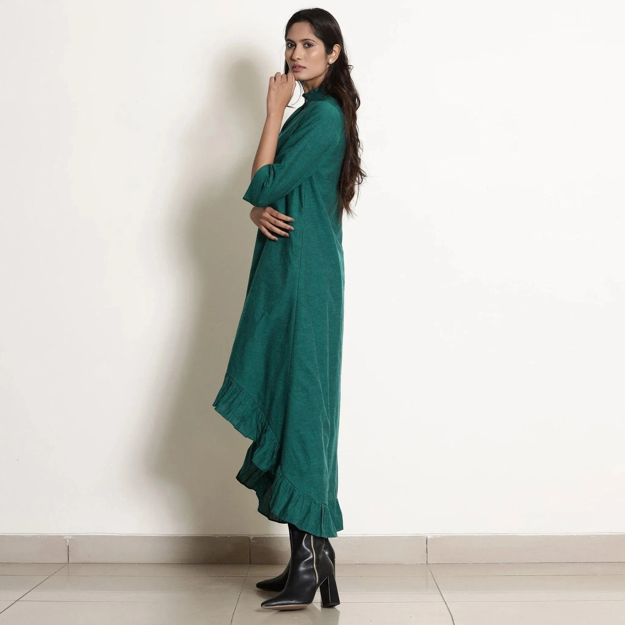 Pine Green Warm Cotton Frilled Neck Ankle Length Dress