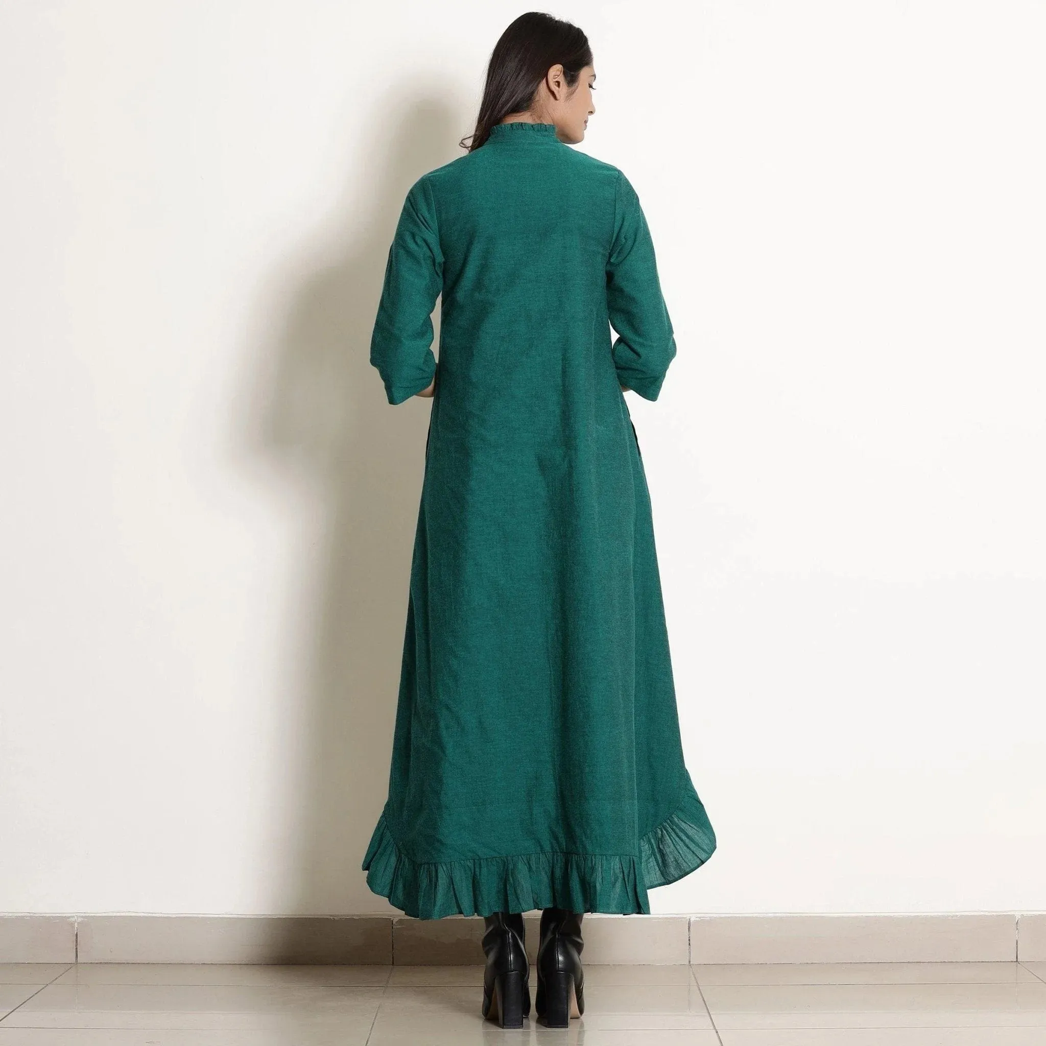 Pine Green Warm Cotton Frilled Neck Ankle Length Dress