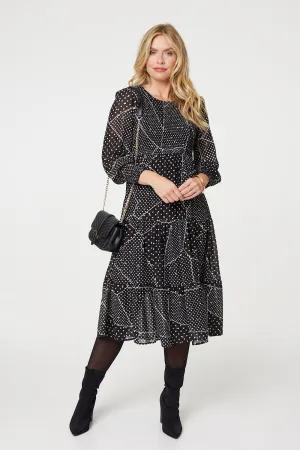 Polka Dot Print Puff Sleeve Midi Dress