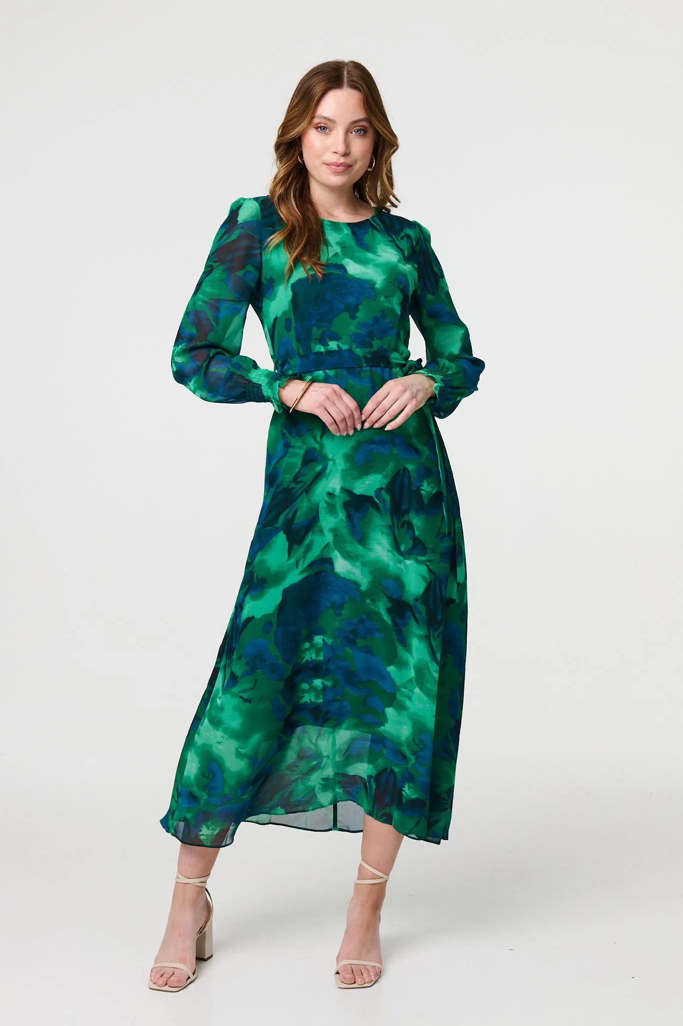 Printed Long Sleeve Chiffon Midi Dress