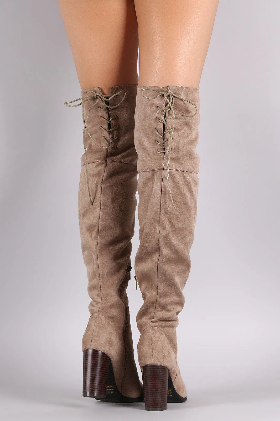 Qupid Suede Back Lace-Up Chunky Heeled Over-The-Knee Boots