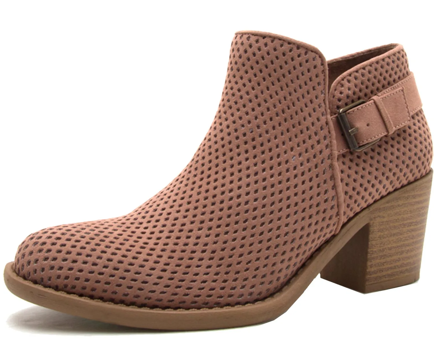 Qupid Women's Perforated Buckle Accent Stacked Chunky Heel Bootie