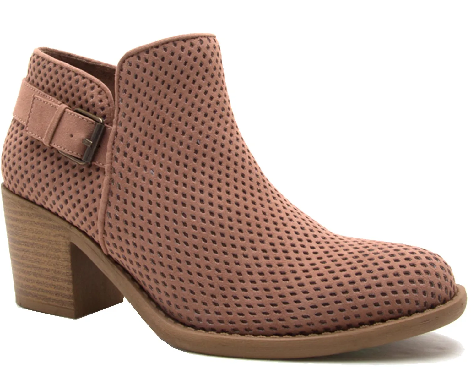 Qupid Women's Perforated Buckle Accent Stacked Chunky Heel Bootie