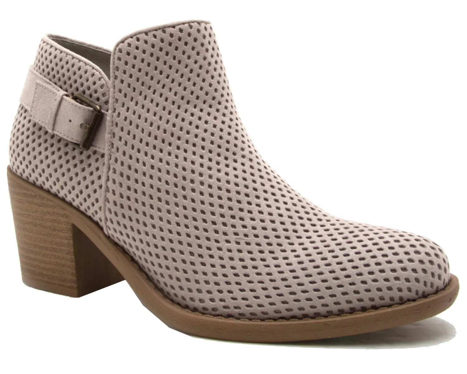 Qupid Women's Perforated Buckle Accent Stacked Chunky Heel Bootie