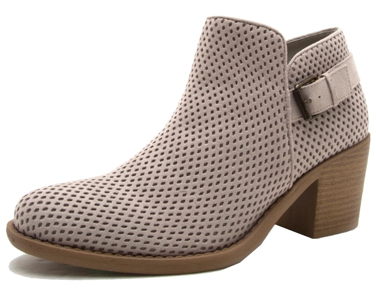 Qupid Women's Perforated Buckle Accent Stacked Chunky Heel Bootie