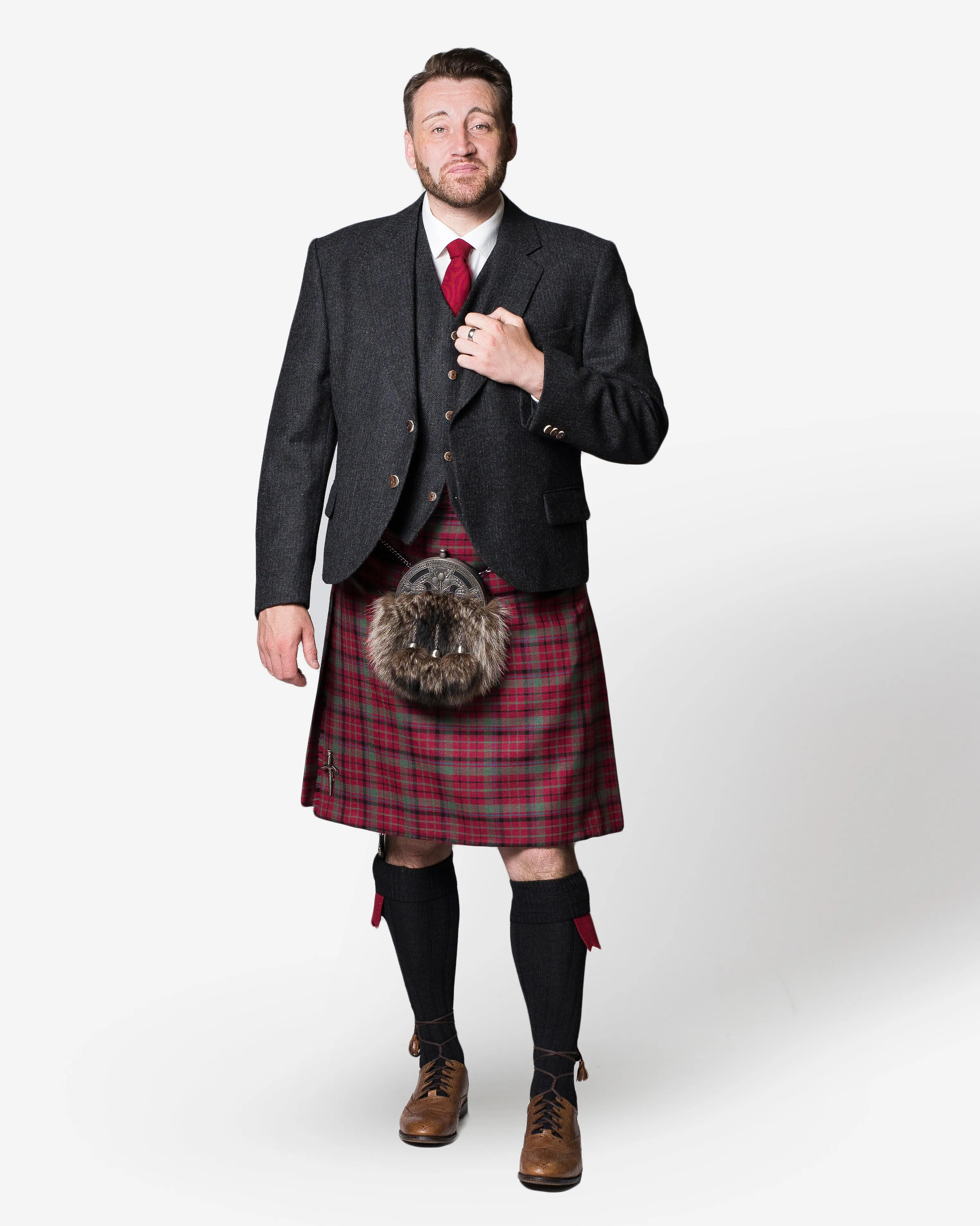 Red Nicolson Muted / Lovat Charcoal Tweed Kilt Hire Outfit