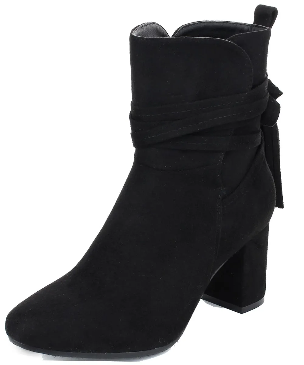 Refresh Footwear Women's Ankle Wrap Tassel Side Zip Block Heel Bootie