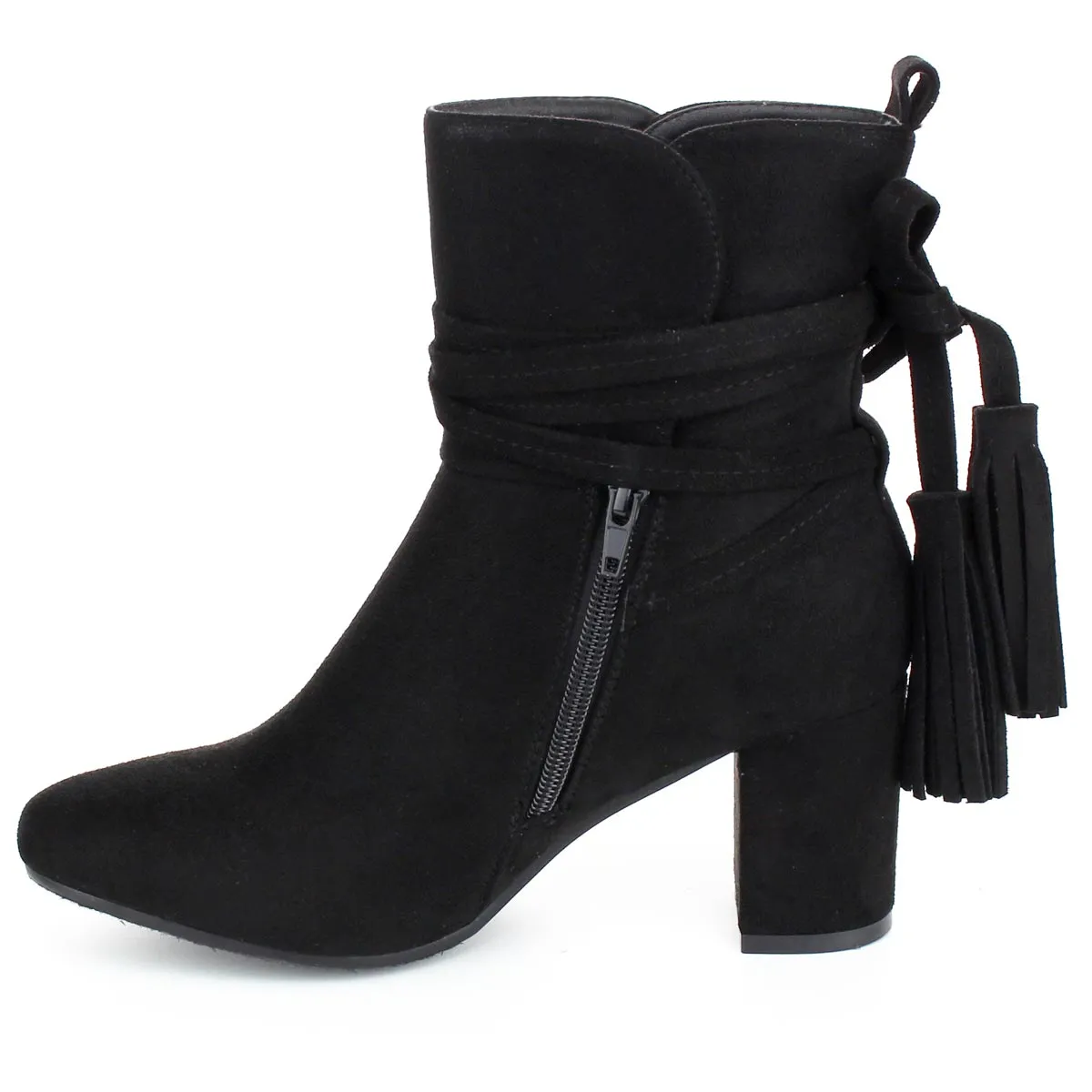 Refresh Footwear Women's Ankle Wrap Tassel Side Zip Block Heel Bootie