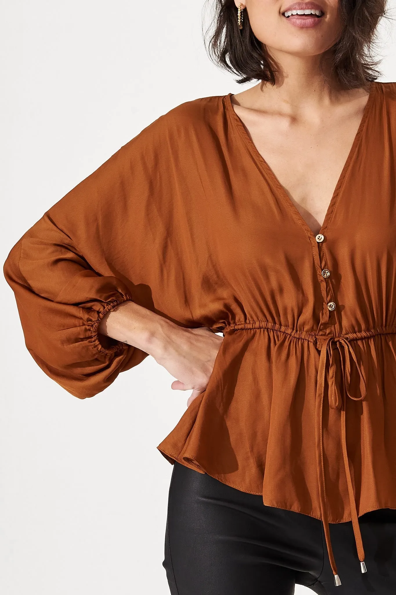 Rust Satin V-Neck Blouse