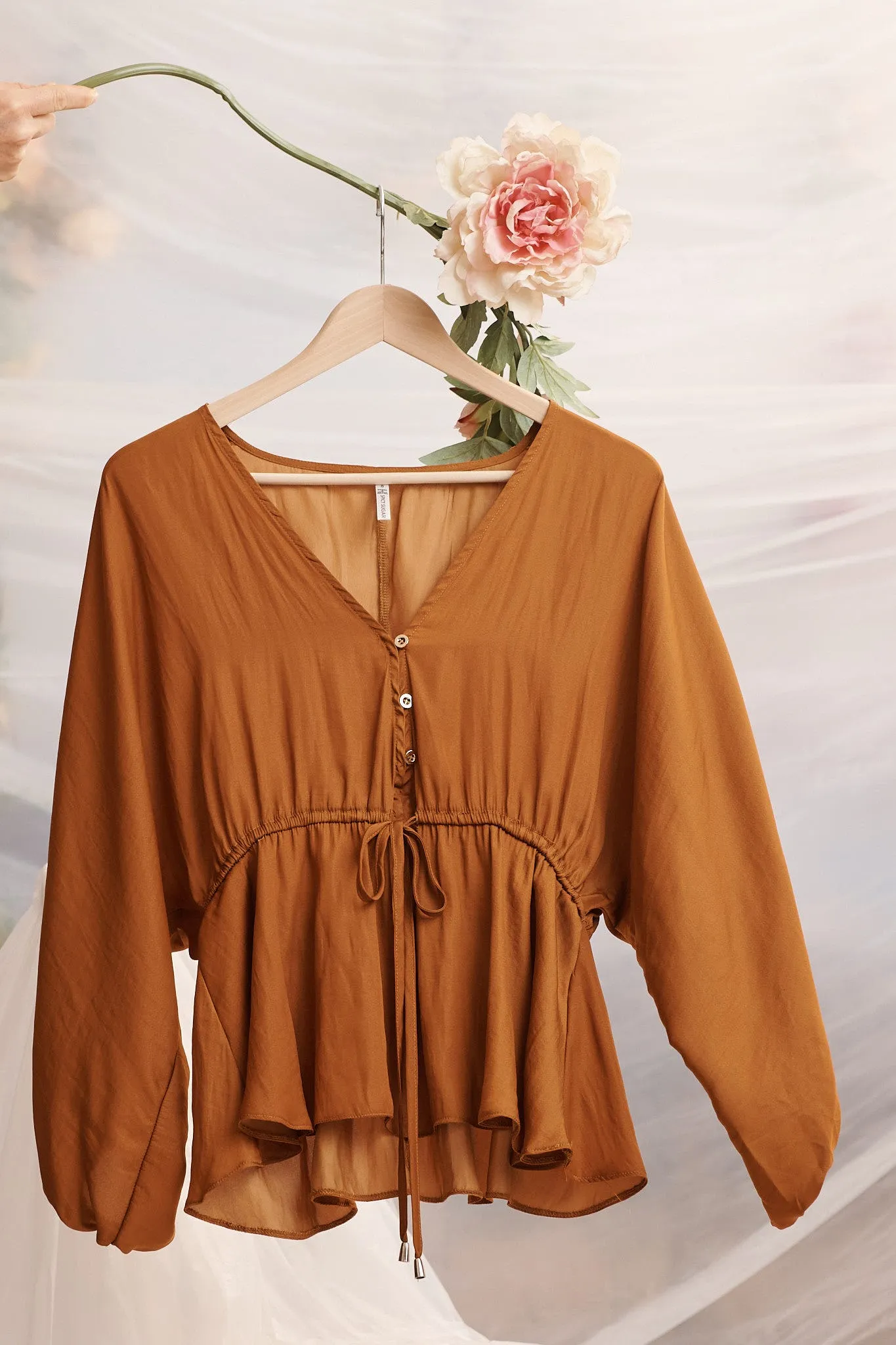 Rust Satin V-Neck Blouse