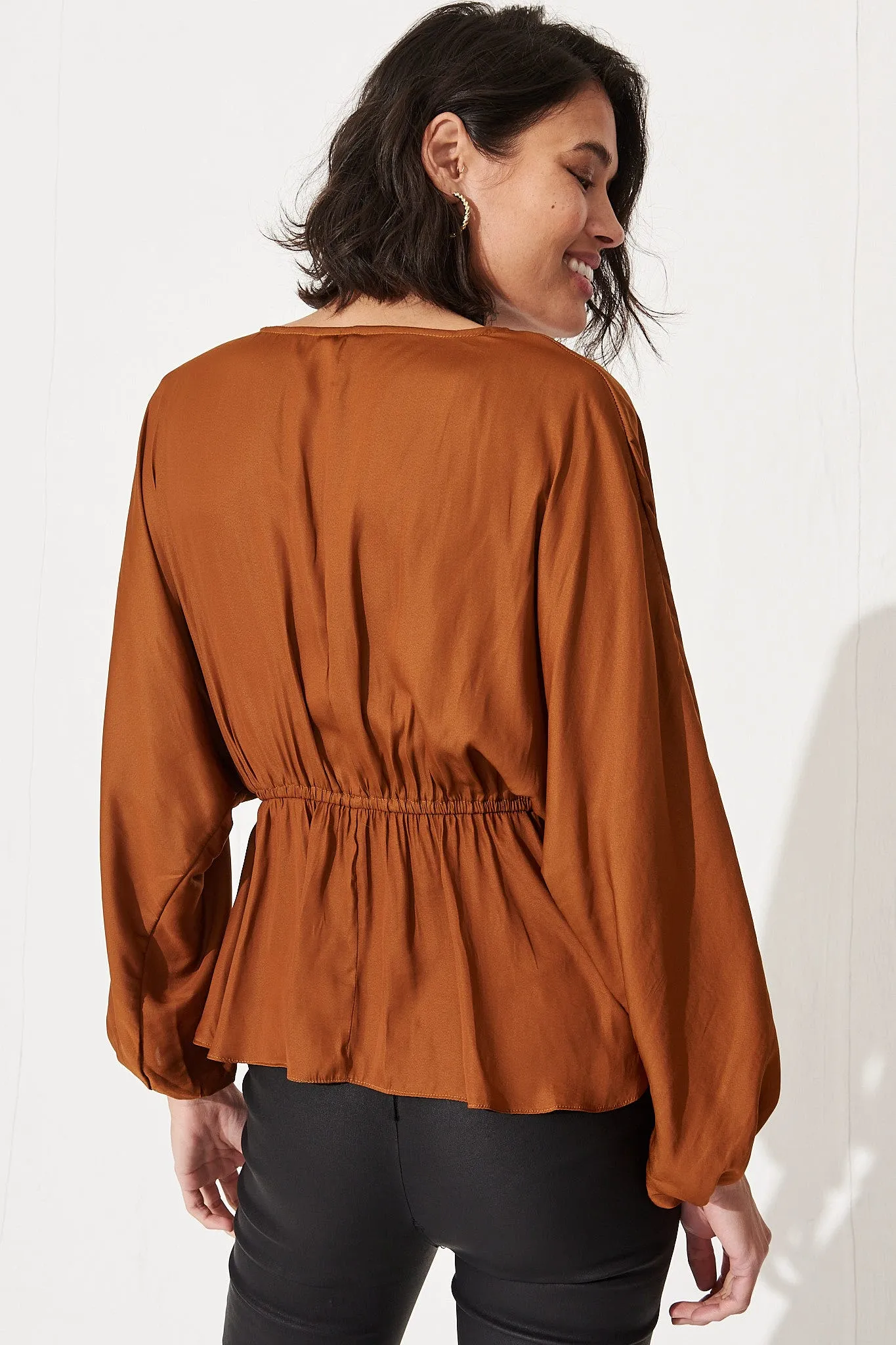 Rust Satin V-Neck Blouse