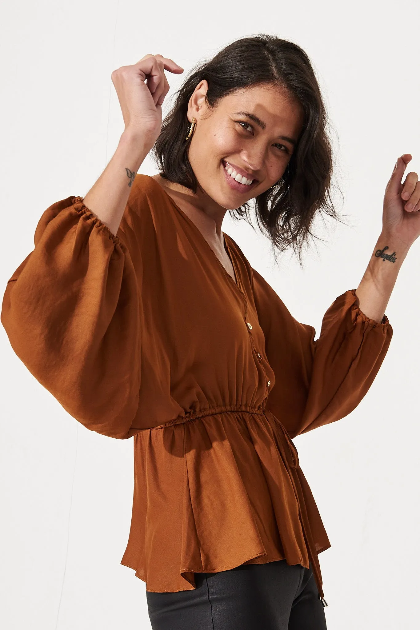 Rust Satin V-Neck Blouse