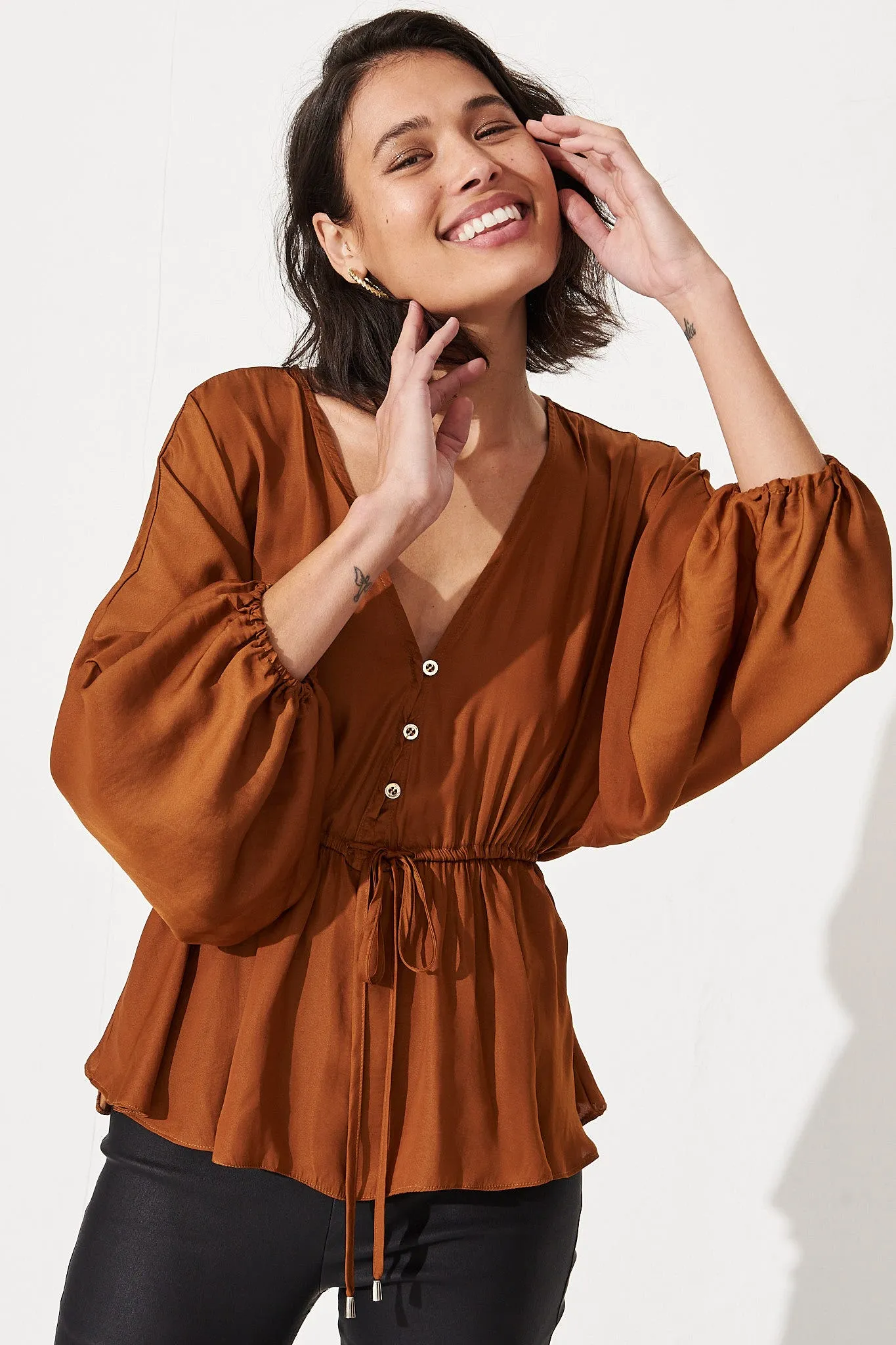 Rust Satin V-Neck Blouse