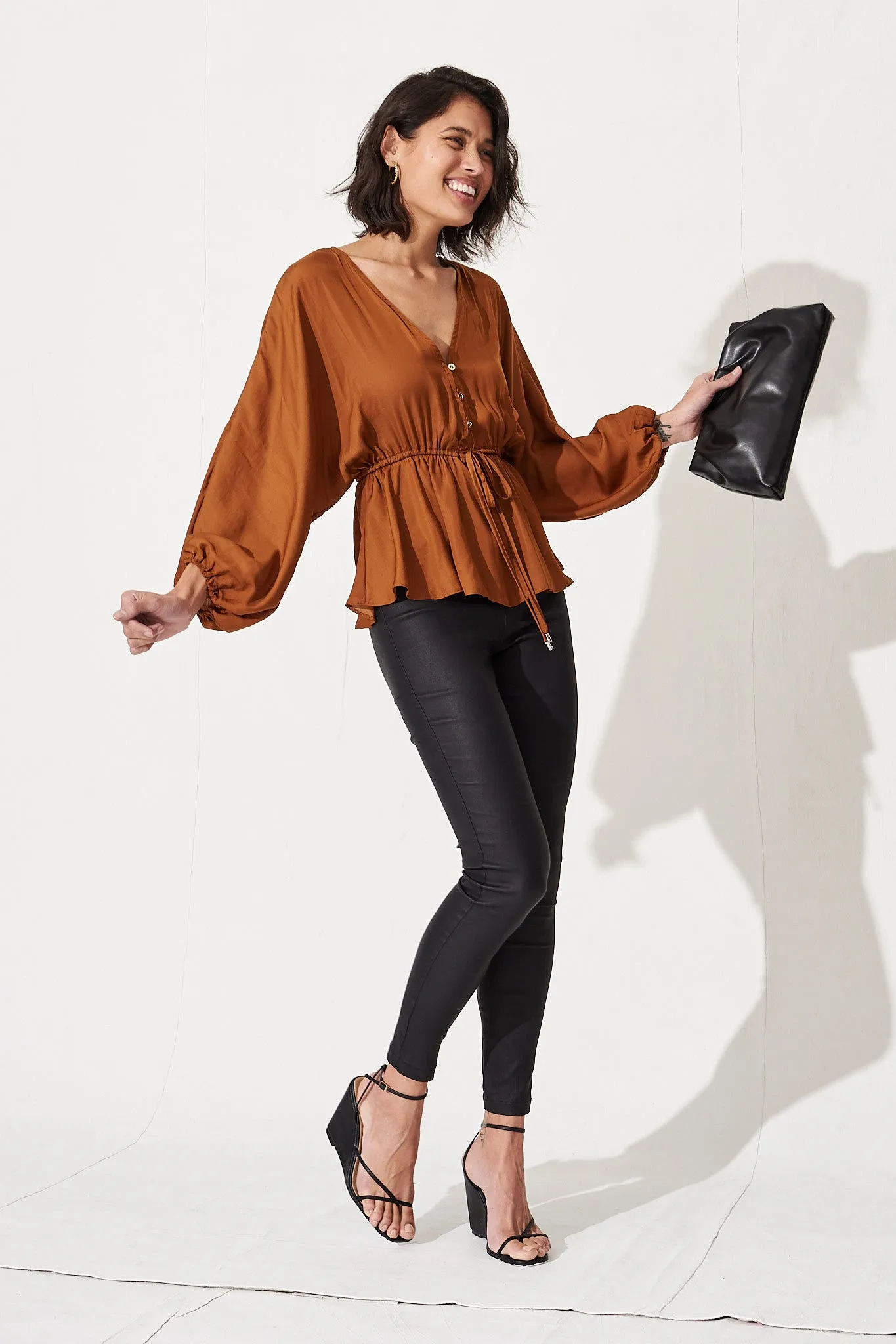 Rust Satin V-Neck Blouse