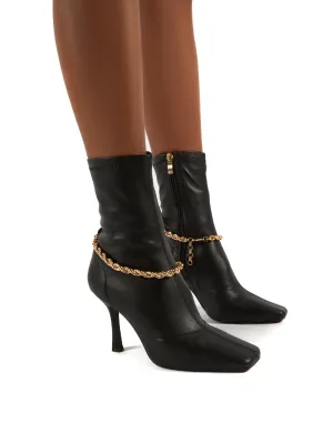 Sacci Black Wide Fit Chain Detail Square Toe Stiletto Heel Ankle Boots