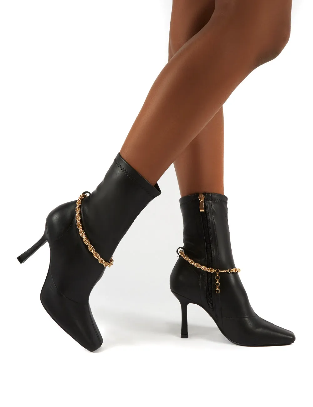 Sacci Black Wide Fit Chain Detail Square Toe Stiletto Heel Ankle Boots