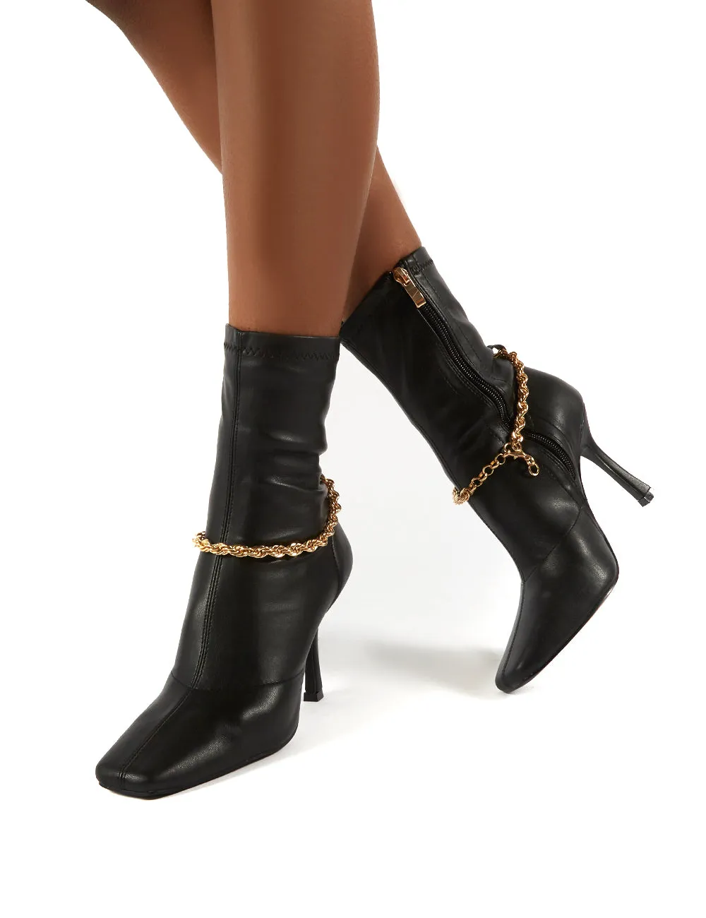 Sacci Black Wide Fit Chain Detail Square Toe Stiletto Heel Ankle Boots